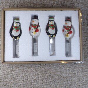 4 New Harry & David Cheese Spreader Knives Penguin Snowman Holiday Winter